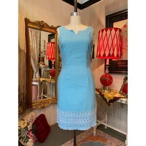 vintage 1990s sheath dress turquoise and white gingham embroidered s/m 90s mod